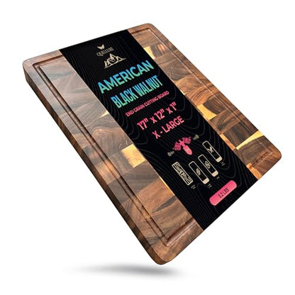 Walnut Wood End Grain Cutting Board for Kitchen with Juice Groove, Inner Handles, Heavy-Duty Butcher Block, Wooden Chopping Board, Charcuterie Boards 17" x 12" x 1" (17" x 12" x 1") - size: 17"L x 12"W