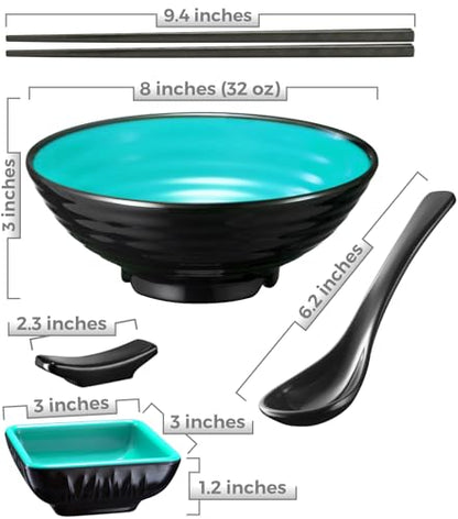 Unbreakable Ramen Bowl Set with Chopsticks and Spoon: 2 large Japanese Style Melamine Ramen Bowls, Dipping Bowls and Chopstick Stands for Asian Pho Soup Thai Miso Udon Wonton (2 Bowl Set, Teal-Black) - color: Teal & Black, size: 2 Bowl Set