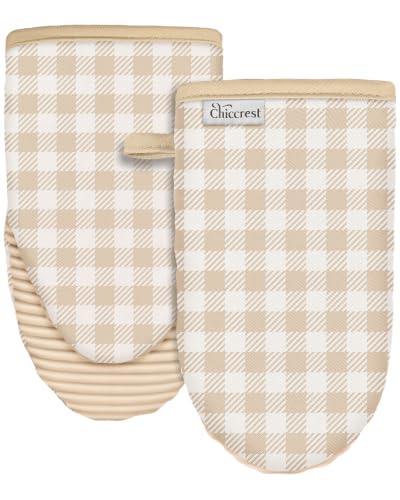 100% Thick Cotton Oven Mitts Ribbed Soft Silicone Beige Gingham | Aesthetic Oven Mitts for Women, Machine Washable Non-Slip Kitchen Mitts, Reversible for Both Hands, Stylish Kitchen Decor - color: Plaid Khaki