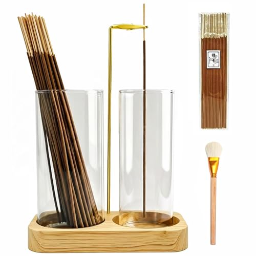 Incense Holder,Wooden Incense Holder for Sticks (Brown 2 in 1) | with 20 Incense Sticks, Anti-ash Incense Burner with Glass Ash Catcher for Meditation Yoga Spa Gift Home Decor - color: Brown 2 in 1
