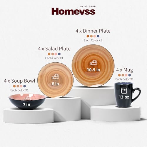 HomeVss, Sonoma 16pc Stoneware Dinnerware Set, Outside Black + Inside Hand Painting Combi Colors of Cobalt, Mocha, Rose and Spice with Speckle - color: Combi Cobalt, Mocha, Rose and Spice