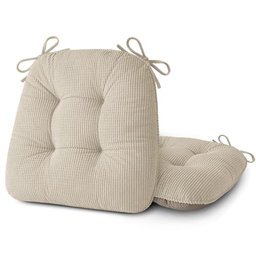 ELFJOY Dining Chair Cushions Set of 2 Non Slip 18"X18"X3" Beige | Thick,Textured Fabric, with Ties, Tufted, Large, for Kitchen, Dining Room, Indoor, Bedroom, Living Room, Office, Comfortable - color: Beige