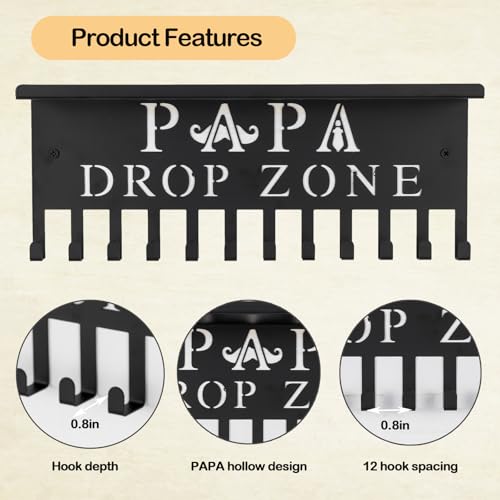 Key Holder for Father - Wall Mounted Organizer with PAPA Design for Father's Day & Birthday, Metal Storage Shelf with 12 Hooks for Entryway, Hallway, Office