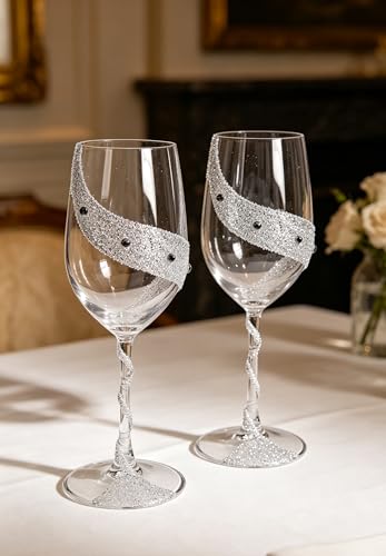 Bling Rhinestone Red Wine Glasses Set of 2 – Elegant Crystal Glass with Artificial Diamonds – 300ml Capacity, Long Stem,Perfect for Red or White,Daily Use,Unique Wedding Anniversary or Birthday Gift.