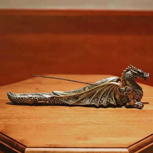 13'' L Mechanical Dragon Incense Holder Burner Stick Sculpture | resin steampunk mystical gothic decor for man cave long ash catcher tabletop aromatherapy ornaments industrial gears gifts