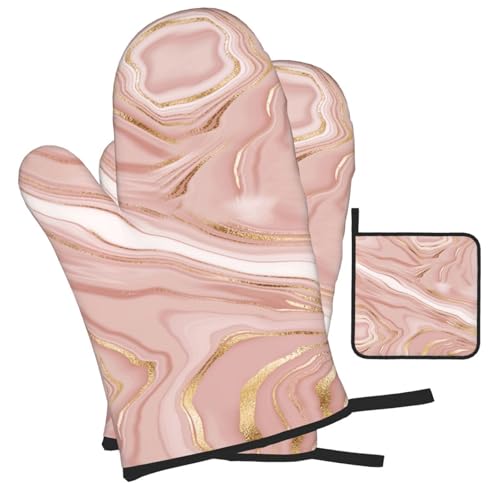 Pink Golden Marble Oven Mitts and Pot Holders Sets of 3 | Heat Resistant Hot Pads Rose Pink Modern Oven Gloves For Kitchen Cooking Bbq Baking - color: Pink Gold