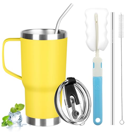 20 oz Tumbler with Handle, Stainless Steel Insulated Tumbler with Lid and Straw, Double Wall Vacuum Coffee Mug Tumbler, Insulated Coffee Thermal Cup for Cold and Hot (Yellow, 20 Ounces) - color: Yellow, size: 20 Ounces