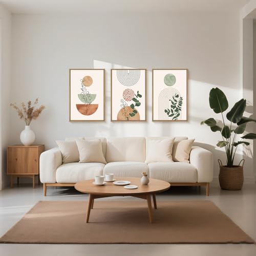 Ausril Boho Abstract Terracotta Green Framed Canvas Wall Art Set -16"x24"x3 | Mid Century Modern Geometric Wall Decor Bohemian Botanical Art Prints Neutral Plant Beige Artwork Living Room Bedroom Office - color: Boho Terracotta Wall Art, size: 16"L x 24"W
