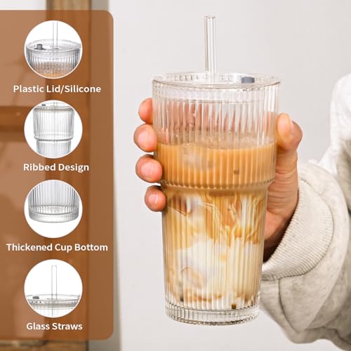 20oz Ribbed Glass Cups with Lids and Straws,2PCS Glass Tumbler with Straw and Lid,Iced Coffee Cups Drinking Glasses for Juice Whiskey Cocktail Beer