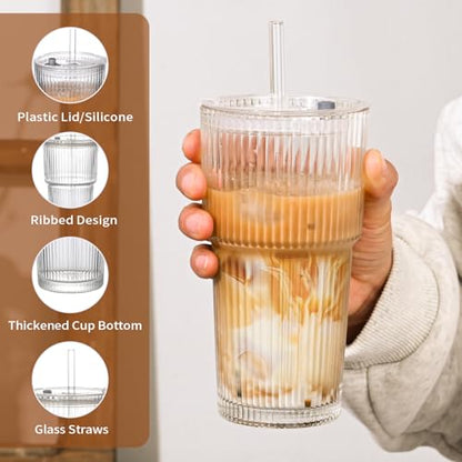 20oz Ribbed Glass Cups with Lids and Straws,2PCS Glass Tumbler with Straw and Lid,Iced Coffee Cups Drinking Glasses for Juice Whiskey Cocktail Beer
