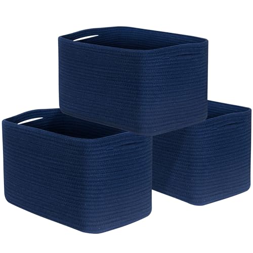 3-Pack Decorative Woven Storage Baskets for Shelves, Cube Bin Box for Organizing Books, Shoes, Dog Toys, Pantry Closet and Living Room Organizer, Navy Blue - color: Navy Blue