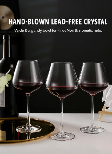 Pinot Noir Wine Glasses Set of 4, Burgundy Crystal, Thin Stem | 17 oz Wide Bowl, Hand Blown, Lead-Free, Laser Cold-Cut 1mm Rim, Seamless Solid Stem, Dishwasher Safe, Protective Gift Box