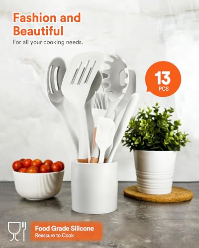 Kitchen Utensils Set, 13PCS Silicone Cooking Utensils, Heat Resistant Kitchen Utensil Spatula Set for Nonstick Cookware, Wooden Handles Kitchen Gadgets Tools Set - color: White