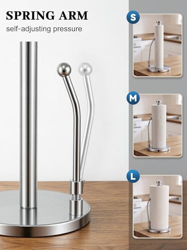 SMARTAKE Paper Towel Holder Countertop, Non-Slip Weighted Base, Silver | Freestanding Kitchen Roll Dispenser, Rustproof Stainless Steel, Spring Arm for Easy Tear, Widden Top, with 4 Suction Cups - color: 01-silver