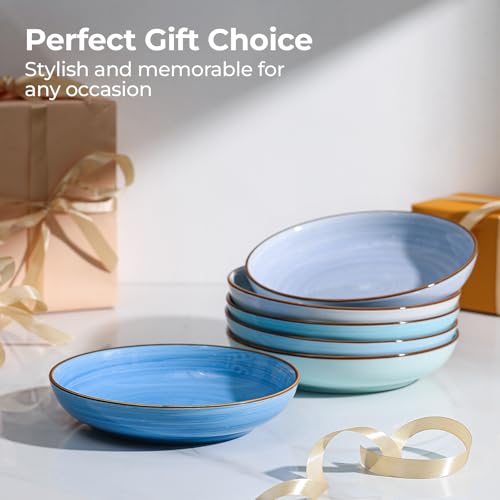Y YHY 8.5'' Pasta Bowls Set of 6, 30 oz Ceramic Shallow Salad Bowls, Large Serving Soup Bowls Pasta Plates, Microwave & Dishwasher Safe Dinnerware Valentine's Day Gift, Gradient Blue - color: Gradient Blue, size: 30 oz