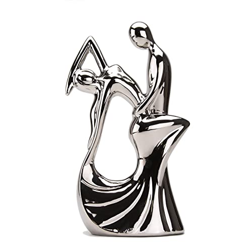 Romantic Couple Dancing Sculpture, Silver Electroplated Ceramic, 11in(H) | Abstract Modern Statue, Smooth Finish, Home Shelf Desk Decoration, Wedding Gift, Collectible Figurine