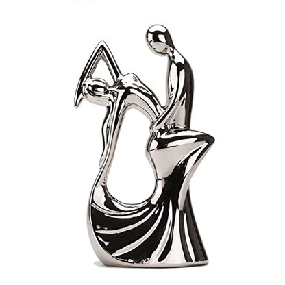 Romantic Couple Dancing Sculpture, Silver Electroplated Ceramic, 11in(H) | Abstract Modern Statue, Smooth Finish, Home Shelf Desk Decoration, Wedding Gift, Collectible Figurine