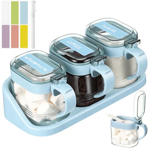 3 Pcs Sugar Coffee Container Set 16 oz Glass Condiment Jar Spice Container Coffee Station Organizer Set with Label Stickers Scoop for Bean and Sugar Candy, Oats, Nuts (Nordic Blue) - color: Nordic Blue