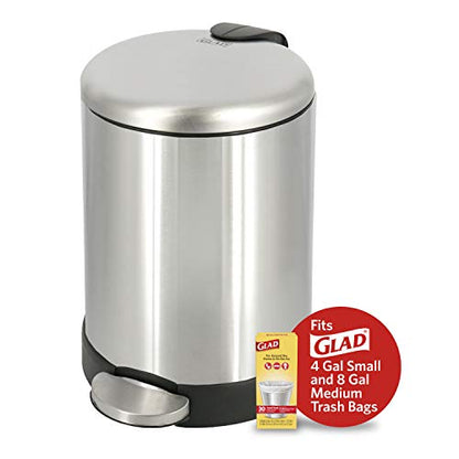 Glad Small Trash Can, 1.2 Gallon | Round Stainless Steel Garbage Bin with Soft Close Lid & Step Foot Pedal | Metal Waste Basket with Removable Inner Bucket, Stainless, 8 x 9.5 x 12 inches - color: Stainless