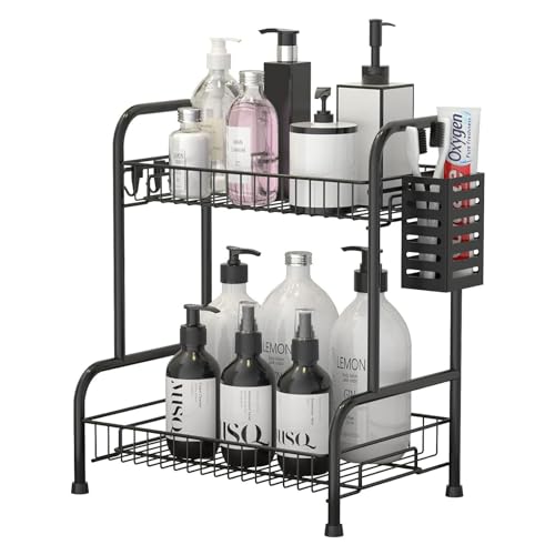 2 Tier Bathroom Countertop Organizer with Toiletries Basket for Vanity | Tool-free no-screw design.Sturdy black metal construction, 12.8''L x7.2''W storage rack for bathroom vanity toiletries. - color: Black, size: 2 Tier