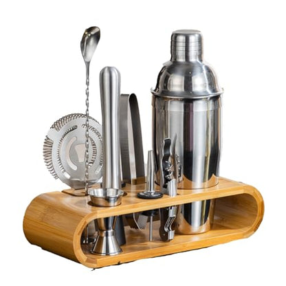 10-Piece Stainless Steel Cocktail Shaker Set with Stand – Bartender Kit w/Martini Shaker, Jigger, Strainer, Ice Tools & Decanter for Home Bar, Party & Gift