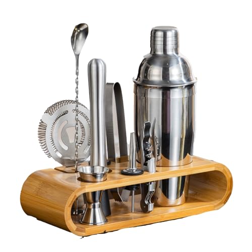 10-Piece Stainless Steel Cocktail Shaker Set with Stand – Bartender Kit w/Martini Shaker, Jigger, Strainer, Ice Tools & Decanter for Home Bar, Party & Gift