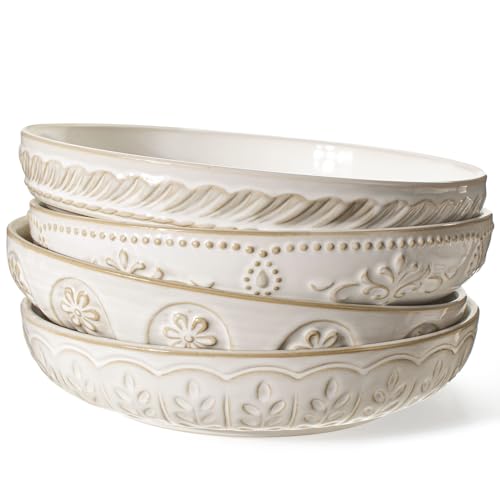 Pasta Bowls, 50oz Large Salad Serving Bowls, 9.75'' Plates Bowls Set of 4, Big White Ceramic Soup Bowls for Kitchen, Embossment Shallow Dinner Bowl, Microwave Dishwasher Safe, Multiple Patterns - color: White (Multiple Patterns)