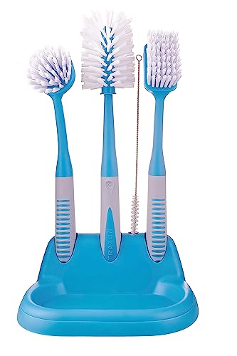 Dish Brush Set of 5 with Convenient Holder, Bottle Water Brush, Dish Scrub Brush, Scrubber Brush and Straw Brush - Kitchen Scrub Brushes Non Slip Long Handle for Sink Dishes Cup Pot - color: Blue