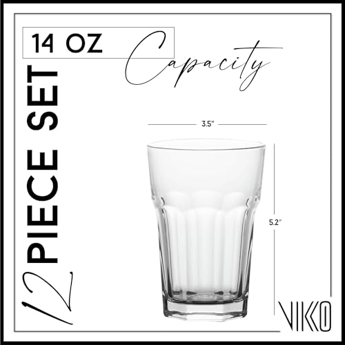 Vikko Large Drinking Glasses, 14 Ounce Glass Cups, Durable Glasses Drinking Set of 12, Stackable Water Glasses, Highball Glasses, Heavy Base Tumblers & Water Glasses, Dishwasher Safe Cups for Kitchen - style: 14 Ounce- Set of 12