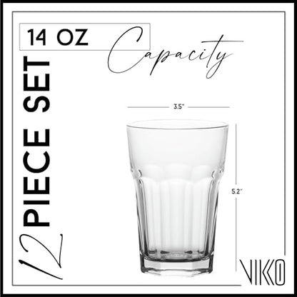 Vikko Large Drinking Glasses, 14 Ounce Glass Cups, Durable Glasses Drinking Set of 12, Stackable Water Glasses, Highball Glasses, Heavy Base Tumblers & Water Glasses, Dishwasher Safe Cups for Kitchen - style: 14 Ounce- Set of 12