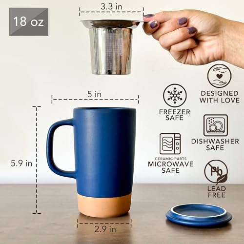 Mora Ceramics Large Tea Mug with Loose Leaf Infuser and Ceramic Lid, 18 oz, Portable, Microwave and Dishwasher Safe, Tall Coffee Cup - Rustic Matte Ceramic Glaze, Modern Herbal Tea Strainer, Deep Blue - color: Deep Blue