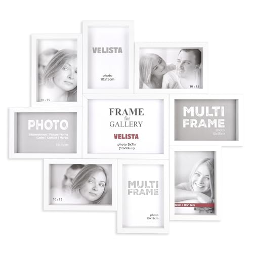 VELISTA 9 Opening Family Picture Frame Collage for Wall Décor – Premium Modern Multiple Photo Frame Made of Engineered Wood with Plexiglass Front (White) - color: White