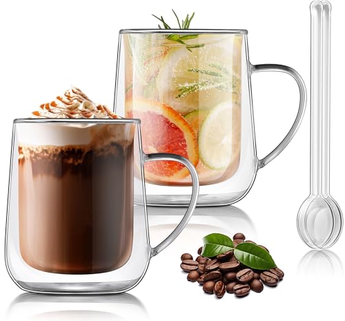 Joeyan Clear Double Walled Glass Coffee Mugs, Double Layer Tea Latte Cappuccino Cups with Handle, Double Lined Insulated High Borosilicate Glassware for Milk and Other Hot Beverages, 13.5 oz, Set of 2 - color: 500ml-Clear with handle