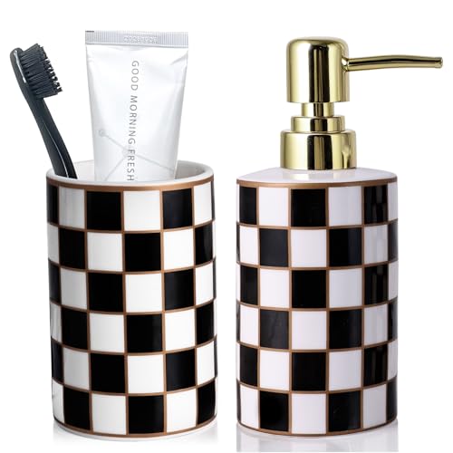 Bathroom Toothbrush Holder Set, Ceramic Checkered Soap Dispenser and Tooth Brush Holder Set, Modern Bathroom Accessories Sets Countertop, Black and White Checkered Bathroom Decor Set (Black) - color: Black