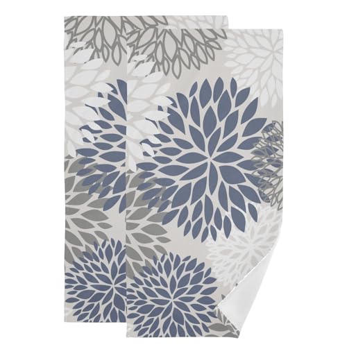 Blue White and Grey Dahlia Hand Towels for Bathroom Set of 2,Absorbent Abstract Modern Elegant Flower Kitchen Towels 14"x28",Farmhouse Decorative Bathroom Towels for Bath,Face,Guest,Shower - color: Blue White
