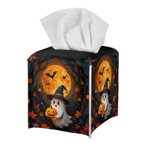 Cute Halloween Ghost Square Tissue Box Cover | Lightweight Square Napkin Storage Holder, Funny ghost graphic adds festive atmosphere for fall & Halloween party - color: Cute Ghost Halloween Forest