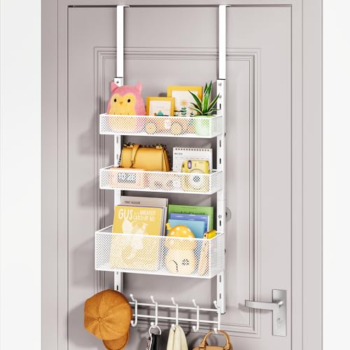 HapiRm Over The Door Hanger with Coat Hooks and 3 Baskets, Rustproof Over The Door Hooks, Storage Organizer for Hats, Towels - White - color: White-3 Baskets
