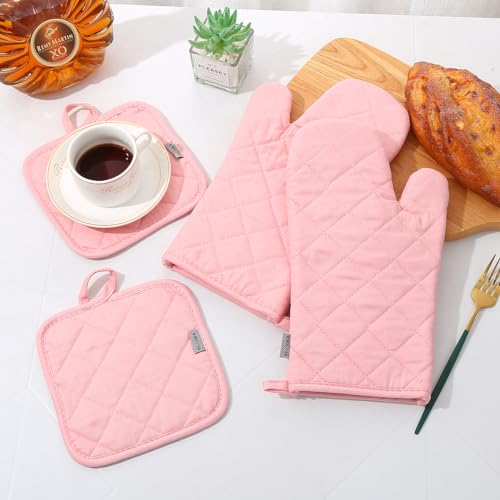 Oven Mitts and Pot Holders 4 pcs Set,High Heat Resistant 500 Degree Extra Thicken Long Kitchen Cotton Oven Glove for Cooking (12 Inch,Pink)… - color: Cotton-pink