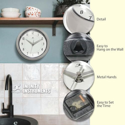 Infinity Instruments Retro Round Metal Wall Clock, Stone Grey, 9.5" - color: Stone Grey, size: 9.5 Inch