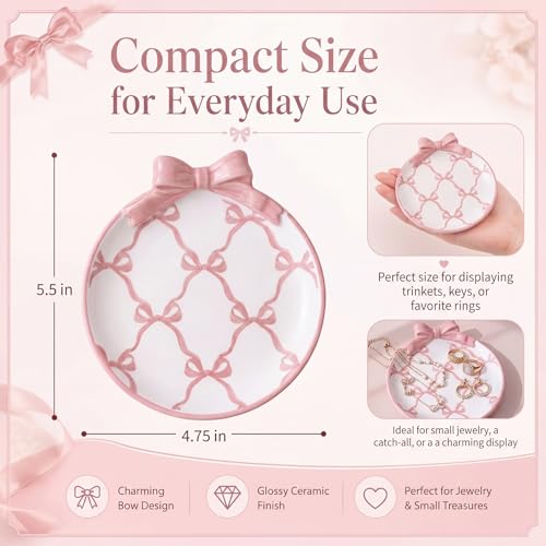 Pink Bow Ceramic Jewelry Tray Coquette Ring Holder Trinket Dish for Rings Earrings Necklaces Cute Bow Decorative Organizer Tray for Dresser Vanity Gift for Women