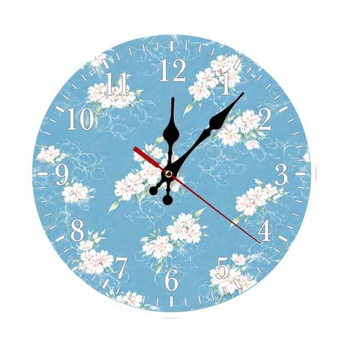 Floral Pattern on Blue Background Wallpaper Design-2 Round Wooden Wall Clock, Silent Non-Ticking Battery Operated Decorative Wall Clock for Living Room, Bedroom, Kitchen, Office, Farmhouse Home Decor - color: Color542, size: 11.8x11.8in