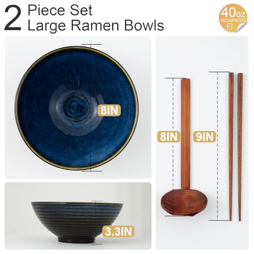 8 Inch Ceramic Ramen Bowl Set of 2, 40oz Japanese Bowls with Spoons & Chopsticks,Durable,Microwave & Dishwasher Safe,Perfect for Ramen,Pho,Salad,Soup,Noodles，Mixing bowls（Blue Topaz） - color: Blue Topaz