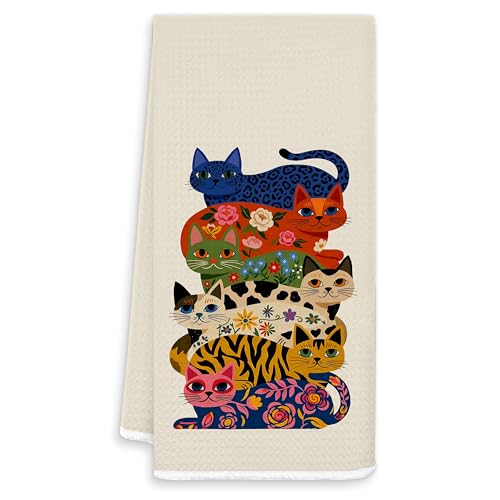 Funny Whimsical Floral Cat Kitchen Towels, Cat Lover Mom Gifts Decorative Hand Tea Towels for Bathroom, Maximalist Colorful Boho Dish Tea Towel for Kitchen, 16x24 Inches - color: White-floral Cat