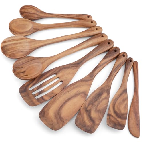 9 pcs Wooden Spatulas and Spoons for Cooking,Wooden Utensil Set | Sturdy & Easy to Clean,Nonstick Safe,Acacia Wooden,for Everyday Kitchen Tasks,Heat Resistant with Ergonomic Handles - size: 9 pieces (Teak)