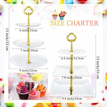 Honeydak 3 Sets of 3 Tier Serving Tray 3 Tiered Dessert Stand Wedding Cupcake Stand PP Plastic Cupcake Holder Dessert Tray Cake Fruit Candy Table Display Set for Birthday(White) - color: White