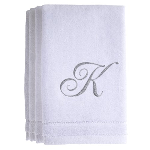 Monogrammed Towels Fingertip, Personalized Gift, 11 x 18 Inches - Set of 4- Silver Embroidered Towel - Extra Absorbent 100% Cotton- Soft Velour Finish - For Bathroom/ Kitchen/ Spa- Initial K (White) - color: K