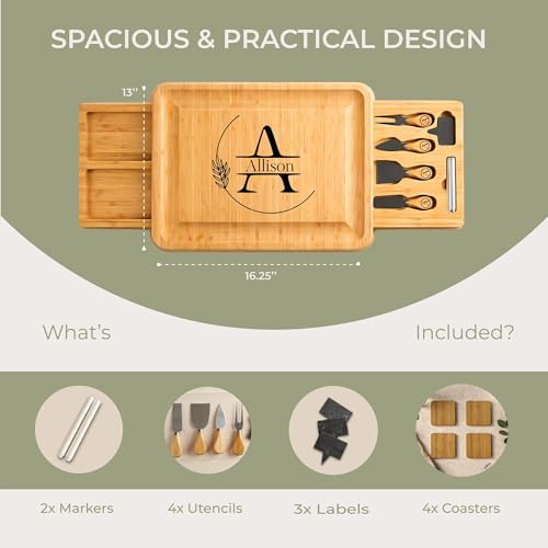 Personalized Bamboo Charcuterie Board with Drawer & Utensils – Custom Cheese & Cutting Board Gift for Wedding, Housewarming, Anniversary, Couples and Personalized Mothers Day Gifts for Mom