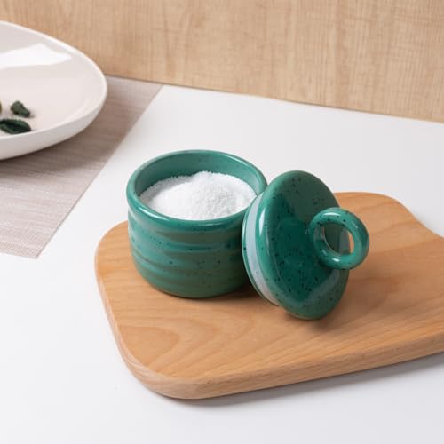 Salt Cellar Keeper with Ceramic Lid, Big Capacity Ceramic Sugar Bowls Pepper Box, Speckled Glaze Seasoning Container Condiment Pot for Kitchen (Green) - color: Green