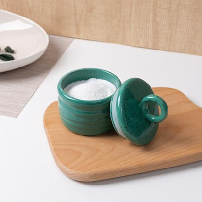 Salt Cellar Keeper with Ceramic Lid, Big Capacity Ceramic Sugar Bowls Pepper Box, Speckled Glaze Seasoning Container Condiment Pot for Kitchen (Green) - color: Green