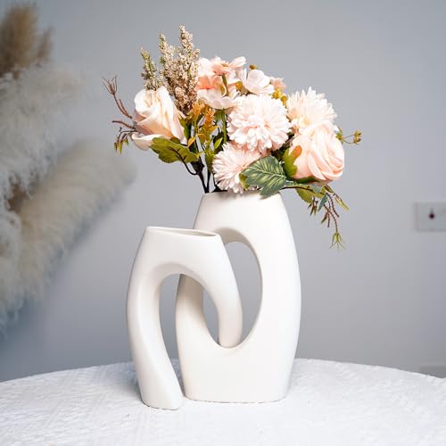 White Ceramic Vase Set of 2 with Champagne Faux Flowers